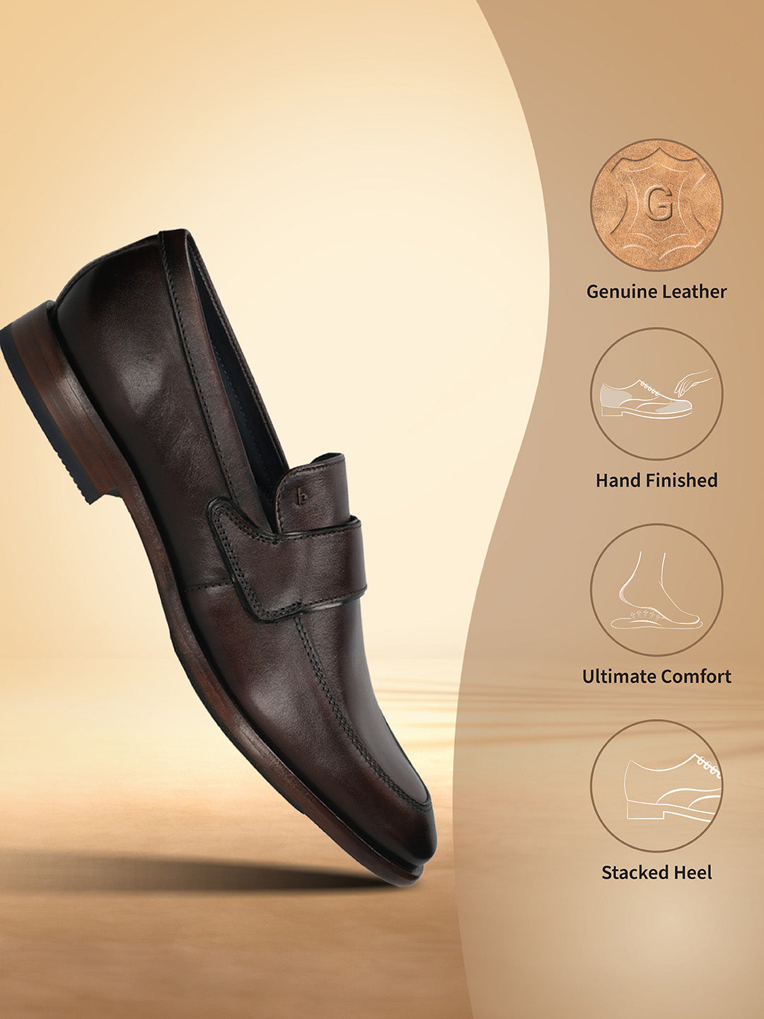 Dark brown leather slip-on shoe by bugatti with a strap and a stacked heel.