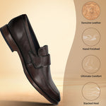 Dark brown leather slip-on shoe by bugatti with a strap and a stacked heel.