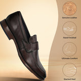 Dark brown leather slip-on shoe by bugatti with a strap and a stacked heel.