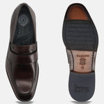 A brown Men's bugatti Penny Loafer featuring a round toe apron toe, stacked heel. Made from premium genuine leather with a durable leather outsole, this slip-on design offers both style and comfort.