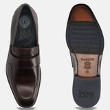 A brown Men's bugatti Penny Loafer featuring a round toe apron toe, stacked heel. Made from premium genuine leather with a durable leather outsole, this slip-on design offers both style and comfort.