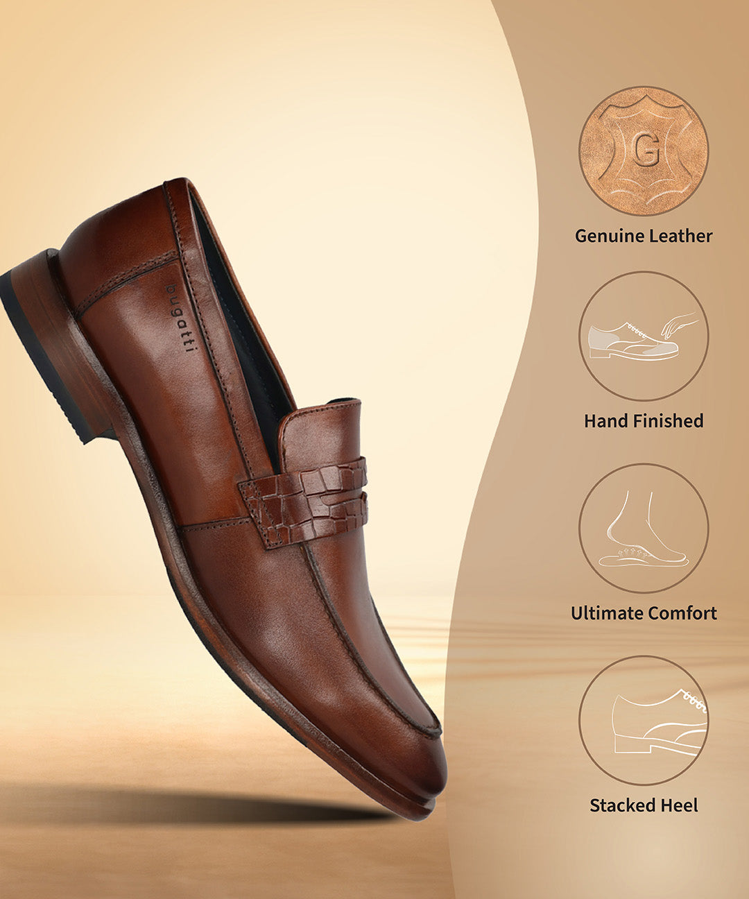 Brown leather penny loafer shoes by bugatti, featuring a woven-texture strap, and stacked heel.