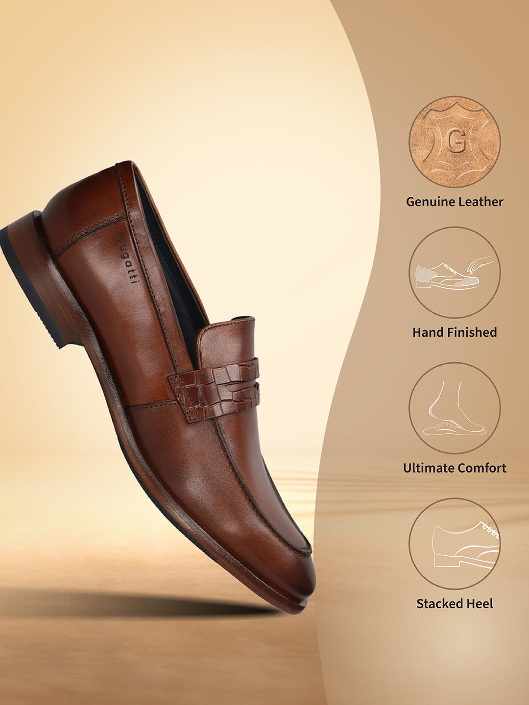 Brown leather penny loafer shoes by bugatti, featuring a woven-texture strap, and stacked heel.