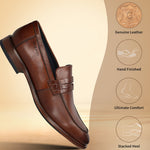 Brown leather penny loafer shoes by bugatti, featuring a woven-texture strap, and stacked heel.