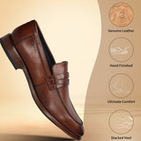 Brown leather penny loafer shoes by bugatti, featuring a woven-texture strap, and stacked heel.
