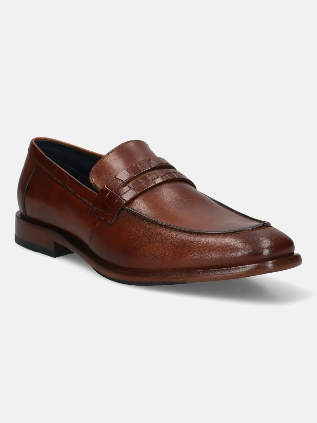 Cognac leather penny loafers by bugatti, featuring a basket weave strap and stitched toe.