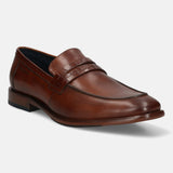 Cognac leather penny loafers by bugatti, featuring a basket weave strap and stitched toe.