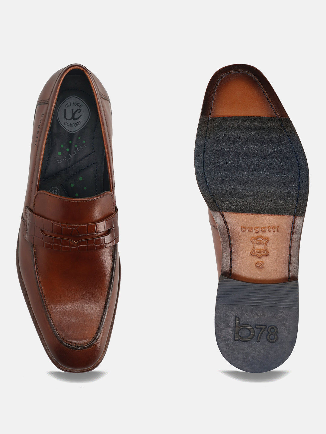 Cognac leather loafers by bugatti featuring decorative penny strap, comfort insole, and rubber outsole.
