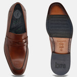 Cognac leather loafers by bugatti featuring decorative penny strap, comfort insole, and rubber outsole.