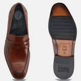 Cognac leather loafers by bugatti featuring decorative penny strap, comfort insole, and rubber outsole.