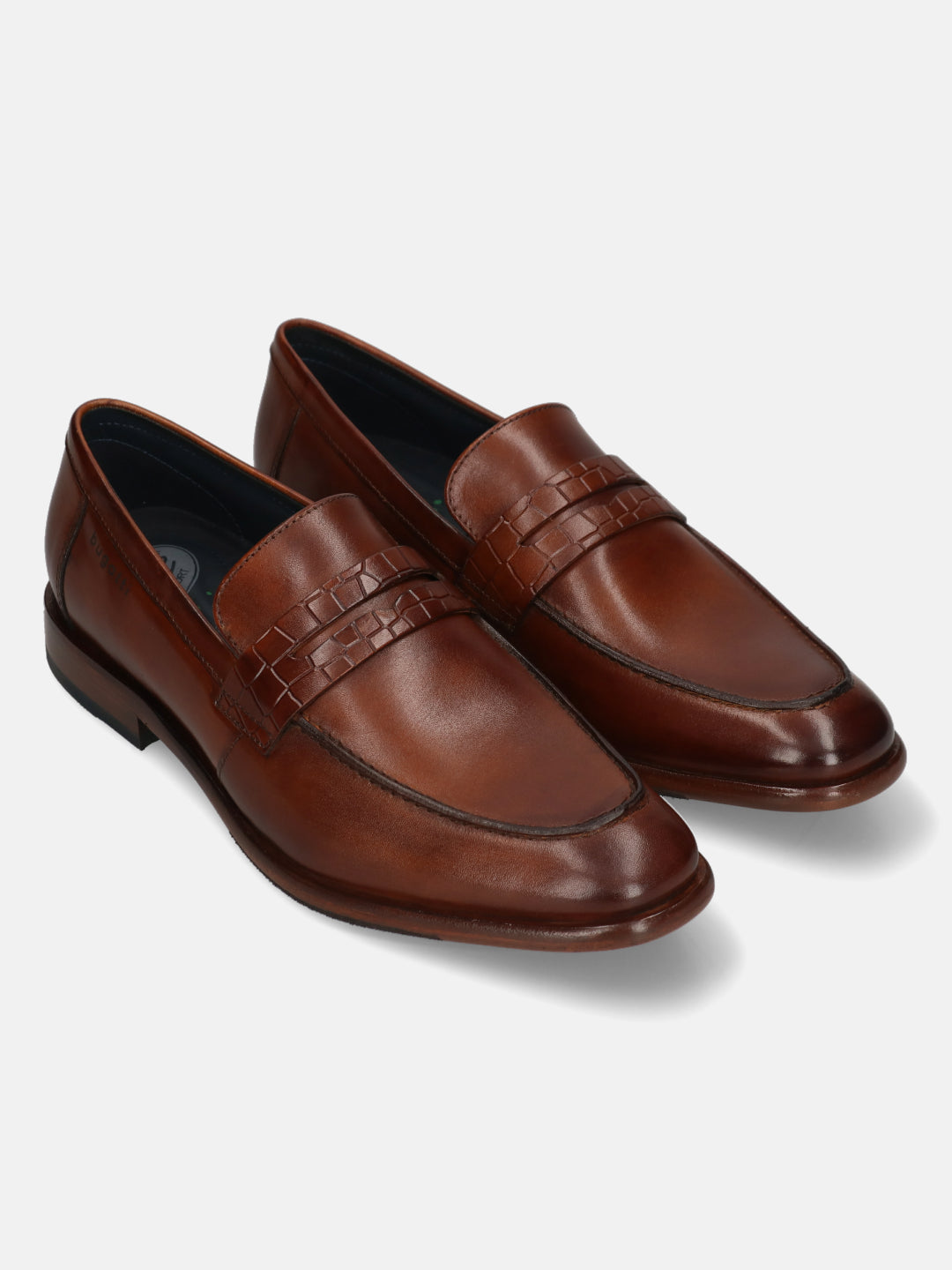 A cognac Men's bugatti Penny Loafer featuring a round toe apron toe, stacked heel. Made from premium genuine leather with a durable leather outsole, this slip-on design offers both style and comfort.