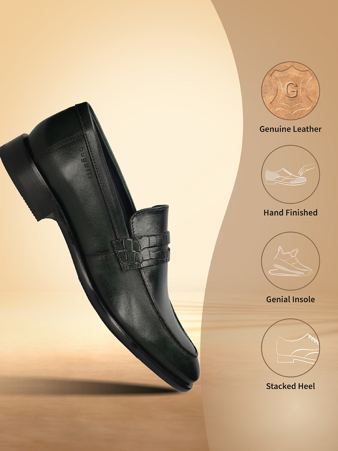 Dark green premium leather penny loafer by bugatti, featuring a textured strap.