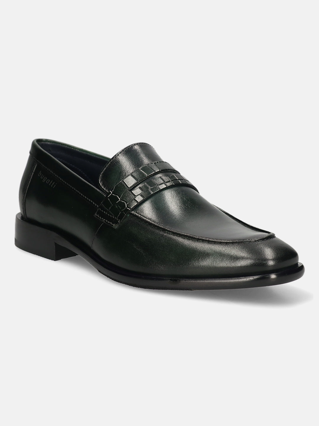 Dark green leather penny loafer by bugatti with a decorative woven strap detail.