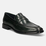 Dark green leather penny loafer by bugatti with a decorative woven strap detail.