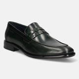 Dark green leather penny loafer by bugatti with a decorative woven strap detail.
