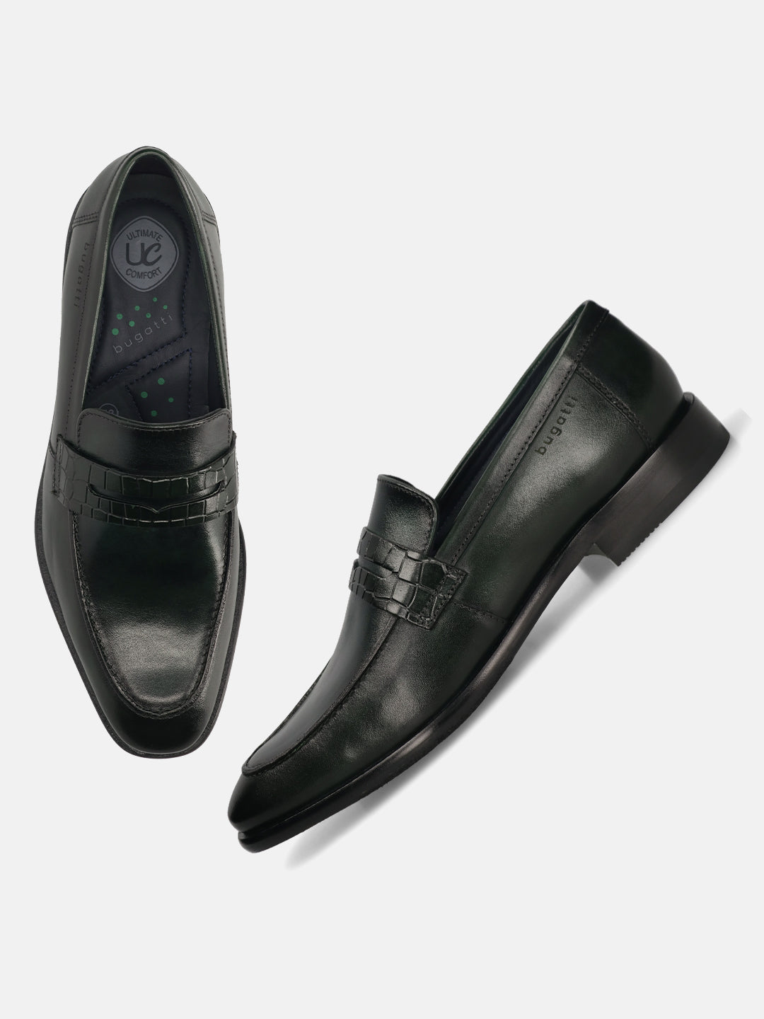 Dark green leather penny loafers by bugatti, featuring a braided leather strap detail, shown from above.
