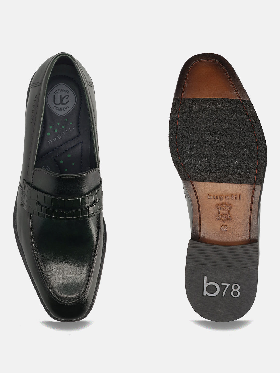 Dark green premium leather penny loafers by bugatti, showcasing croc-embossed details and the shoe's sole.