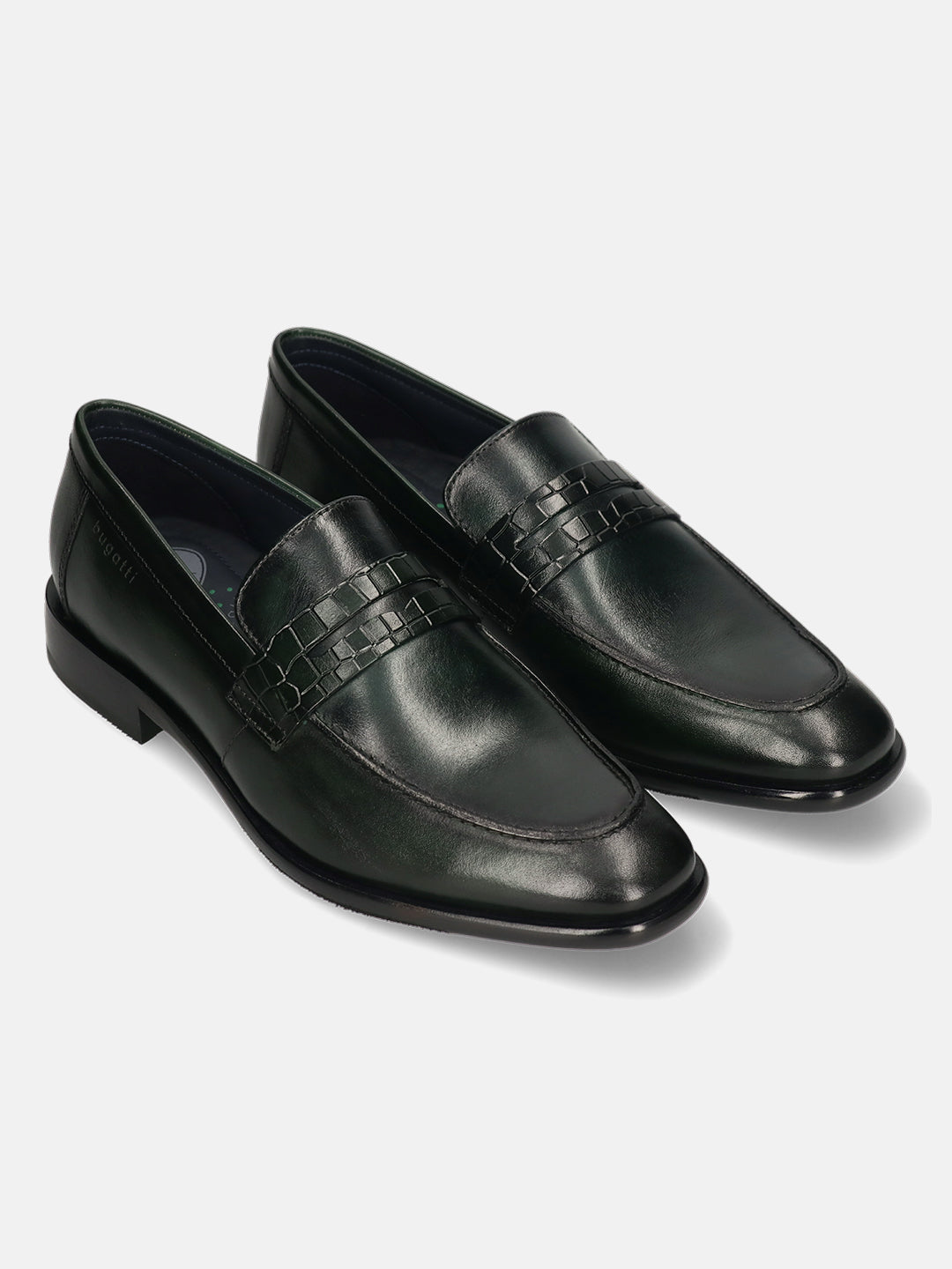 Dark green leather penny loafers by bugatti with basket weave saddle, dark soles, and subtle sheen.
