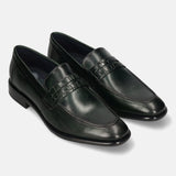 Dark green leather penny loafers by bugatti with basket weave saddle, dark soles, and subtle sheen.
