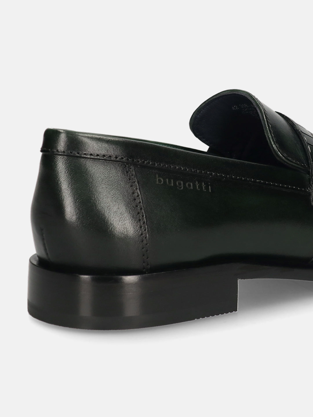 Green leather penny loafers by bugatti showing the back of the shoe with a visible stacked heel.