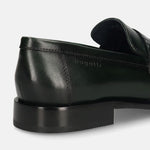 Green leather penny loafers by bugatti showing the back of the shoe with a visible stacked heel.
