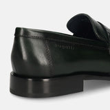 Green leather penny loafers by bugatti showing the back of the shoe with a visible stacked heel.