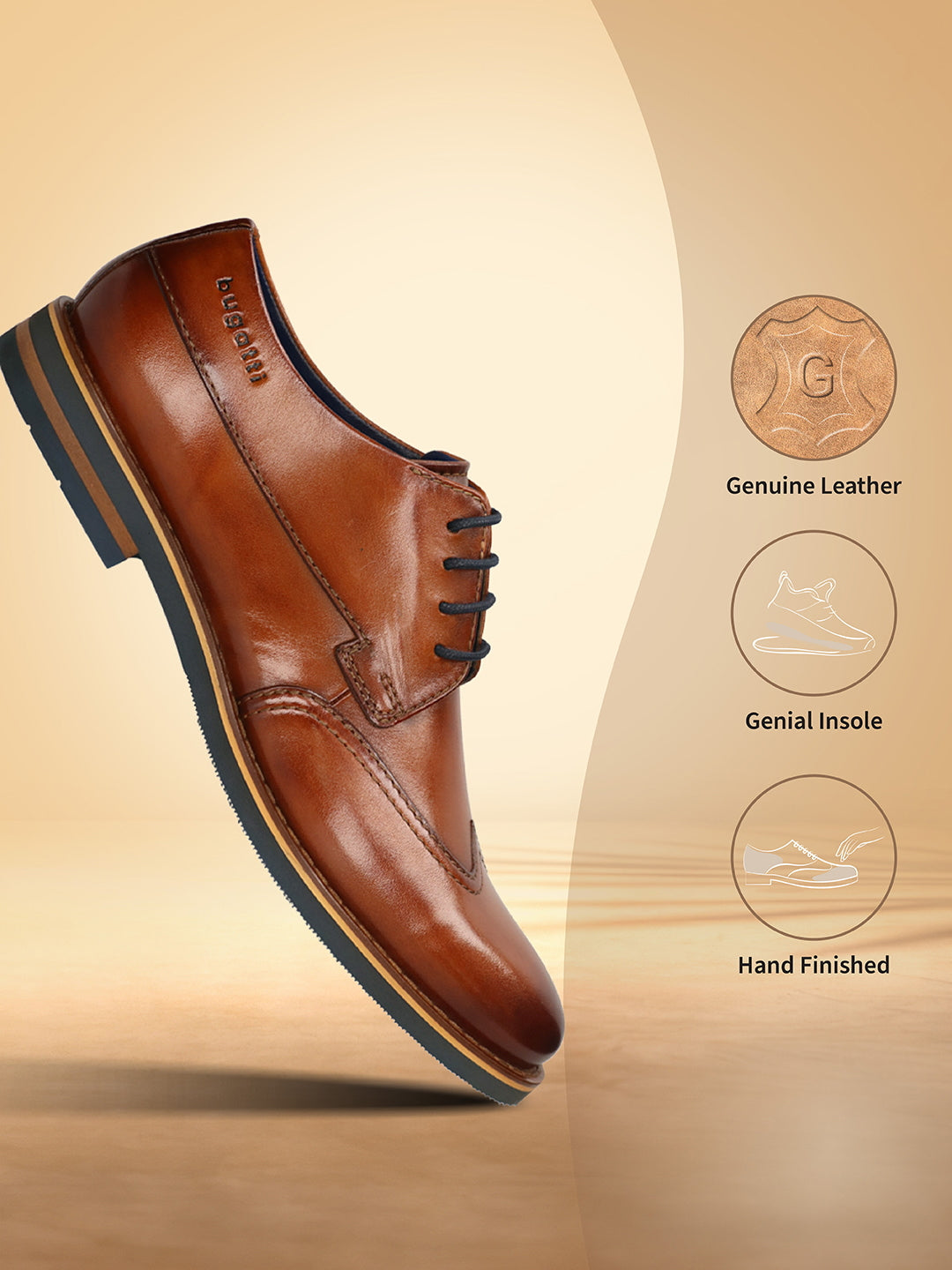 Men's Bugatti derby cognac leather shoes with a round toe and wing tip featuring a stacked heel , a eva outsole , and laces fastening.