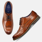 Men's Bugatti derby cognac leather shoes with a round toe and wing tip featuring a stacked heel , a eva outsole , and laces fastening.