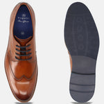 Men's Bugatti derby cognac leather shoes with a round toe and wing tip featuring a stacked heel , a eva outsole , and laces fastening.