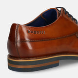Men's Bugatti derby cognac leather shoes with a round toe and wing tip featuring a stacked heel , a eva outsole , and laces fastening.