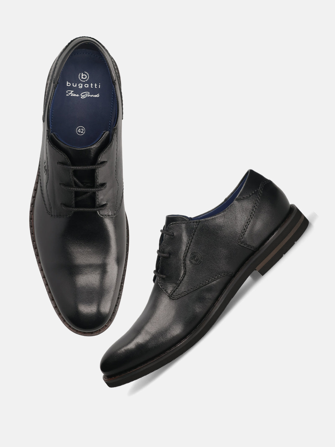 A black Men's bugatti Derby featuring a round toe plain toe, stacked heel. Made from premium genuine leather with a durable eva outsole, this laces design offers both style and comfort.