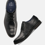 A black Men's bugatti Derby featuring a round toe plain toe, stacked heel. Made from premium genuine leather with a durable eva outsole, this laces design offers both style and comfort.