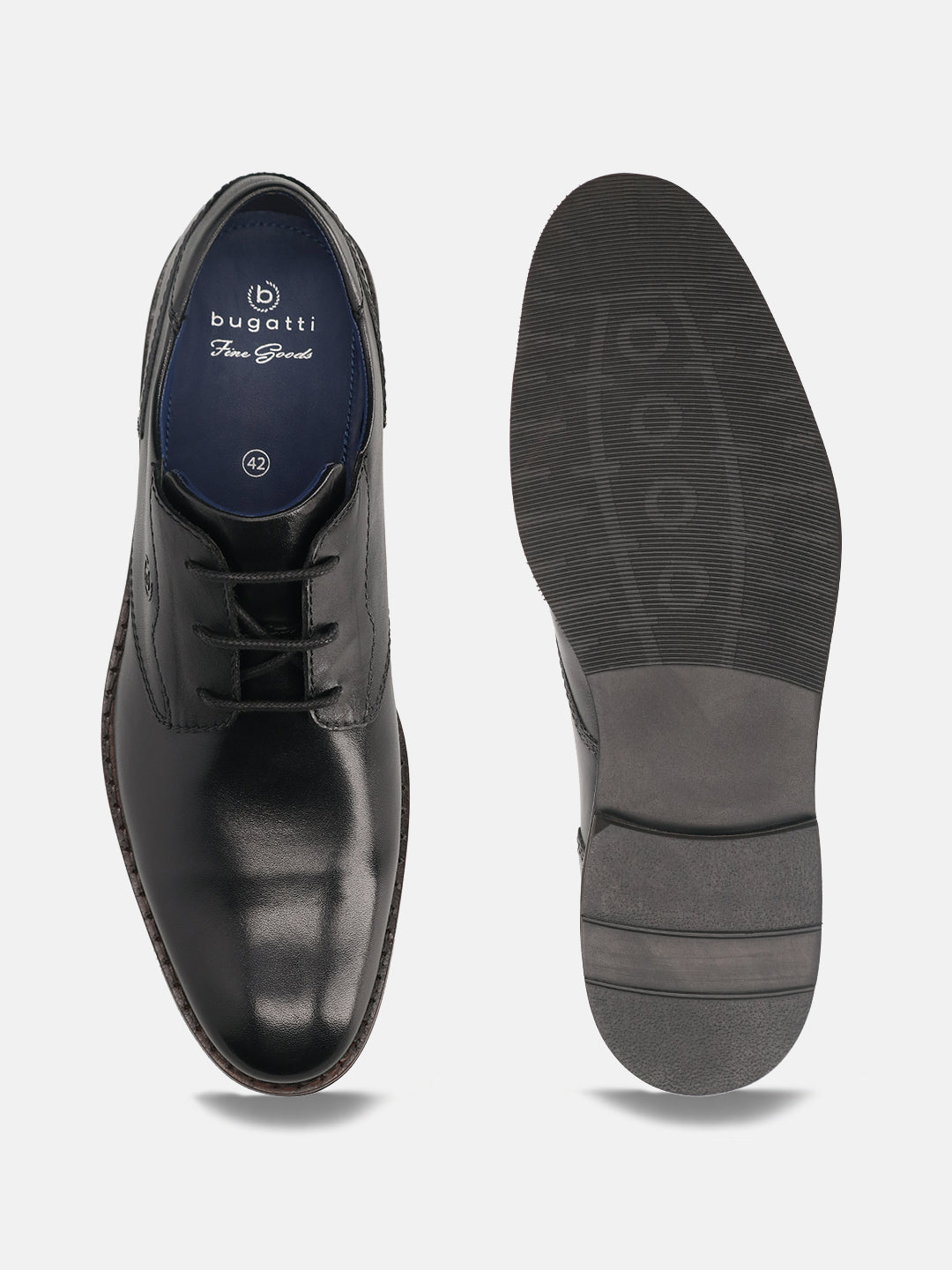 A black Men's bugatti Derby featuring a round toe plain toe, stacked heel. Made from premium genuine leather with a durable eva outsole, this laces design offers both style and comfort.