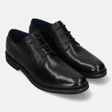 A black Men's bugatti Derby featuring a round toe plain toe, stacked heel. Made from premium genuine leather with a durable eva outsole, this laces design offers both style and comfort.