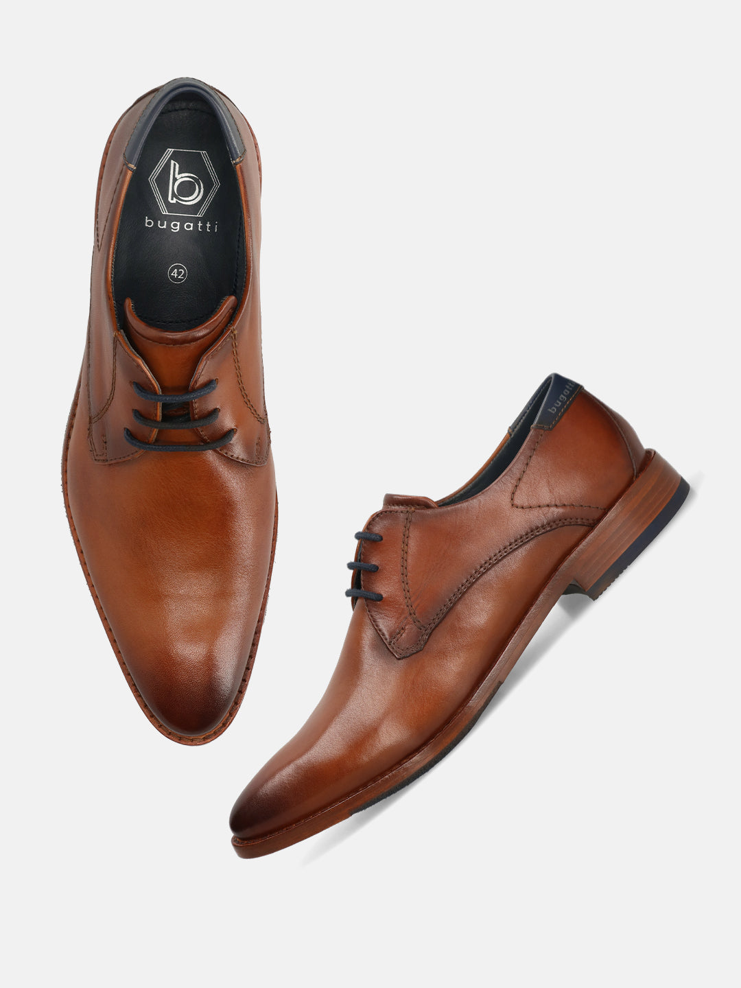 A cognac Men's bugatti Derby featuring a pointed toe plain toe, stacked heel. Made from premium genuine leather with a durable leather outsole, this laces design offers both style and comfort.