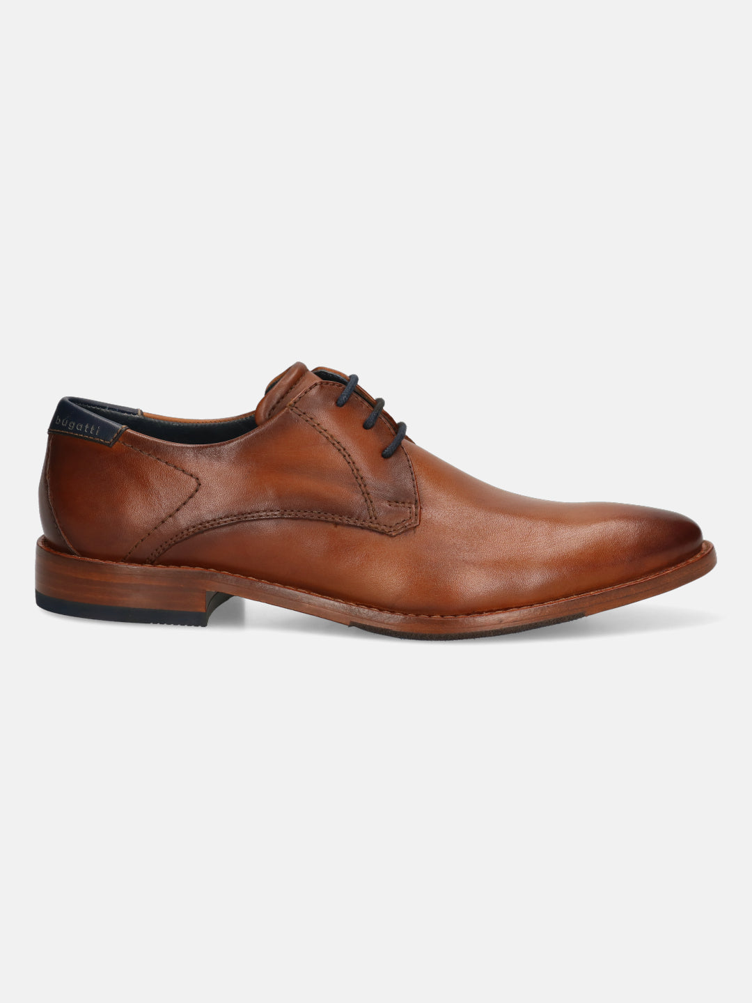 A cognac Men's bugatti Derby featuring a pointed toe plain toe, stacked heel. Made from premium genuine leather with a durable leather outsole, this laces design offers both style and comfort.