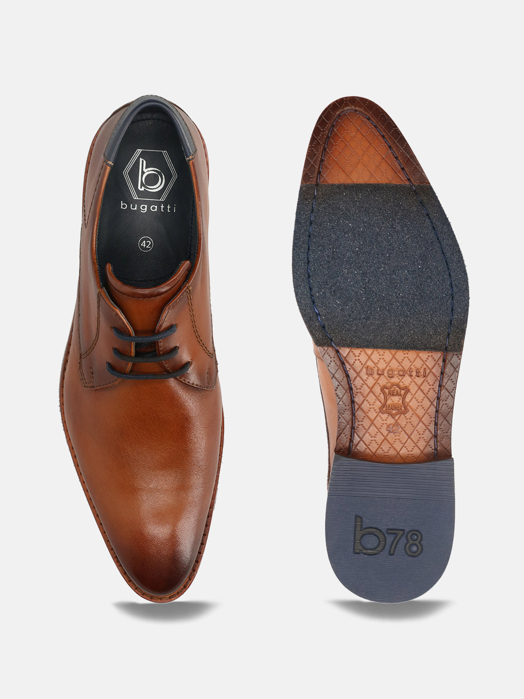 A cognac Men's bugatti Derby featuring a pointed toe plain toe, stacked heel. Made from premium genuine leather with a durable leather outsole, this laces design offers both style and comfort.