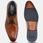 A cognac Men's bugatti Derby featuring a pointed toe plain toe, stacked heel. Made from premium genuine leather with a durable leather outsole, this laces design offers both style and comfort.