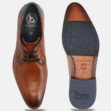A cognac Men's bugatti Derby featuring a pointed toe plain toe, stacked heel. Made from premium genuine leather with a durable leather outsole, this laces design offers both style and comfort.