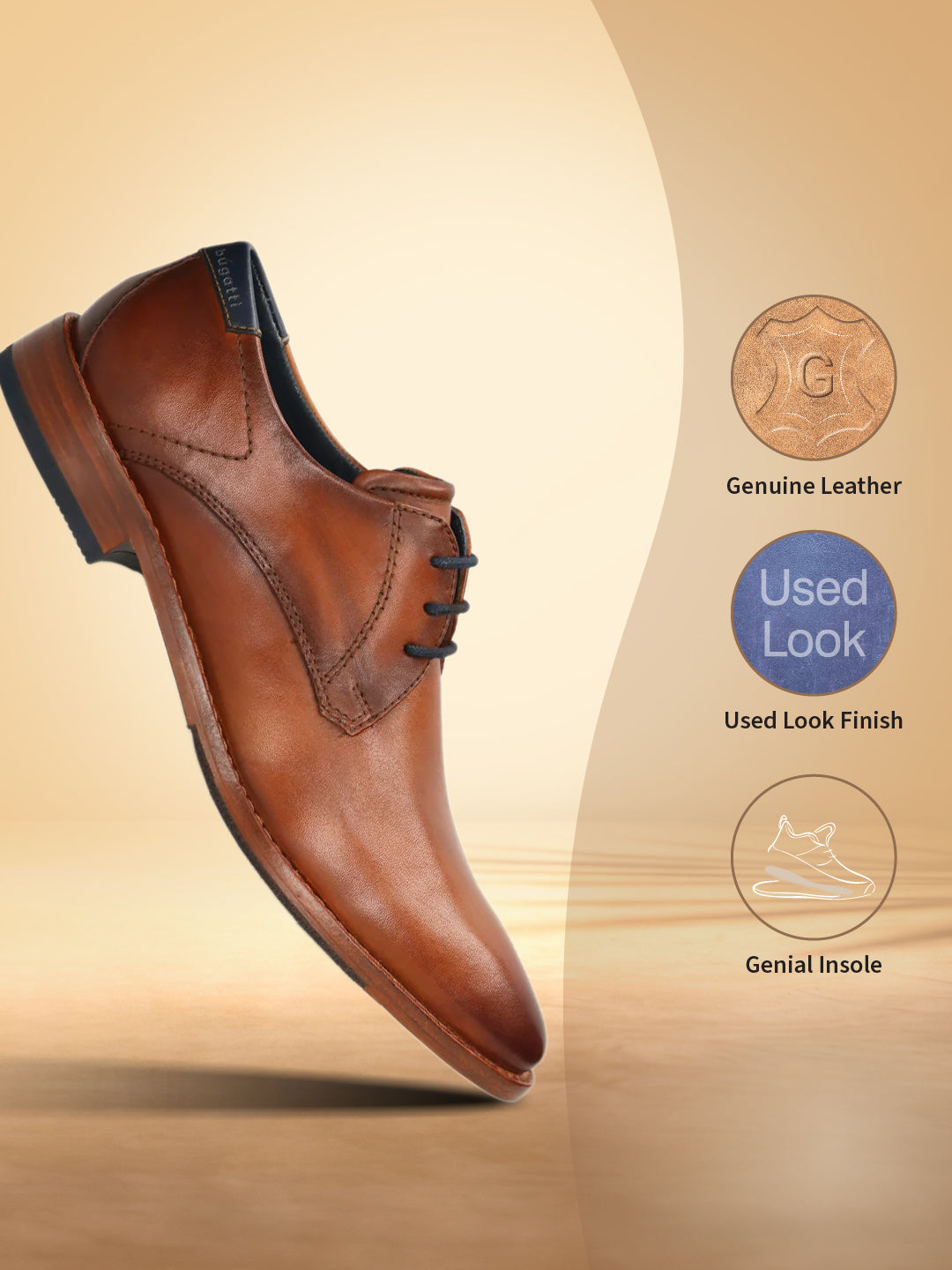 A cognac Men's bugatti Derby featuring a pointed toe plain toe, stacked heel. Made from premium genuine leather with a durable leather outsole, this laces design offers both style and comfort.