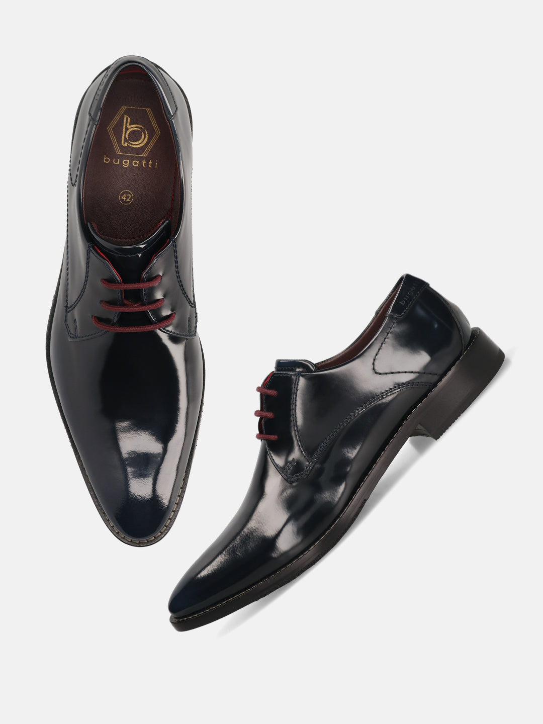Dark blue leather formal derby shoes by bugatti, with burgundy laces and a glossy finish.
