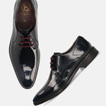 Dark blue leather formal derby shoes by bugatti, with burgundy laces and a glossy finish.
