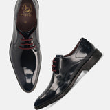 Dark blue leather formal derby shoes by bugatti, with burgundy laces and a glossy finish.