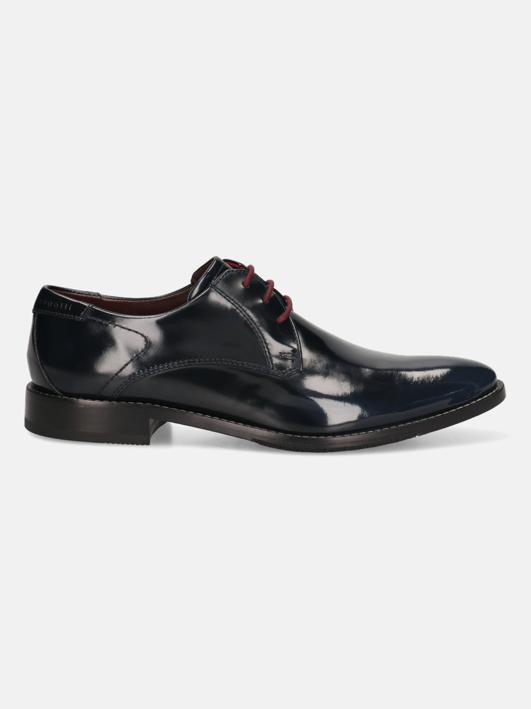Dark blue leather derby shoes by bugatti with maroon laces and a sleek, glossy finish in a side view.