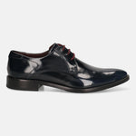 Dark blue leather derby shoes by bugatti with maroon laces and a sleek, glossy finish in a side view.