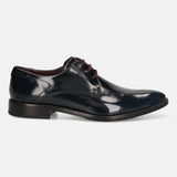 Dark blue leather derby shoes by bugatti with maroon laces and a sleek, glossy finish in a side view.