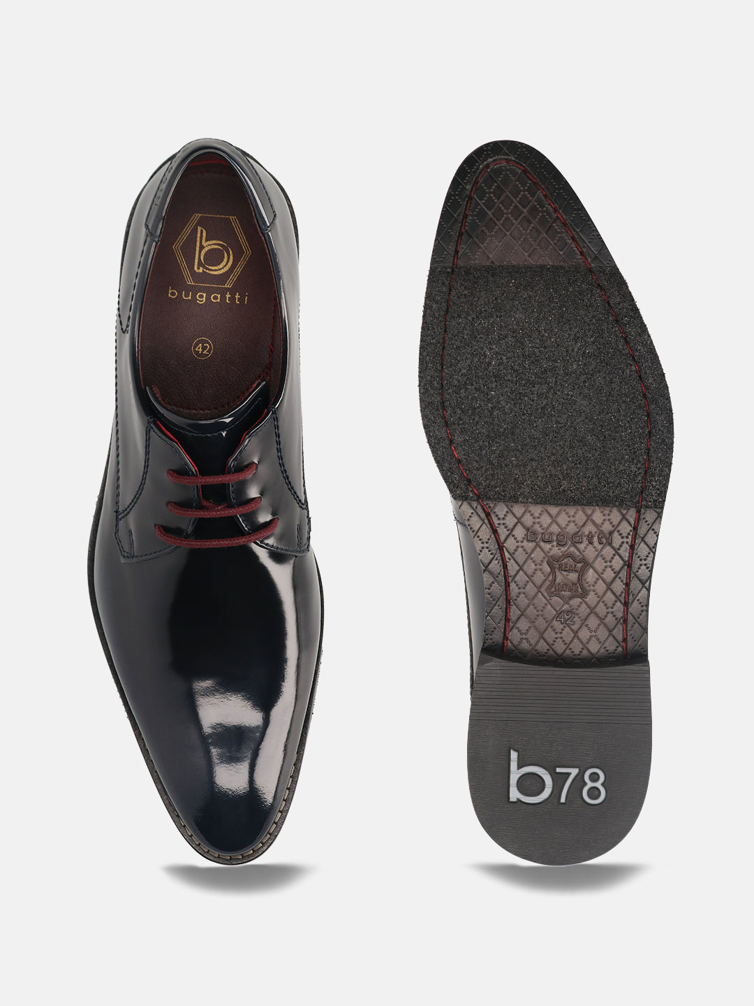 Dark blue leather derby shoes by Bugatti, showing the shoe's sole and interior.