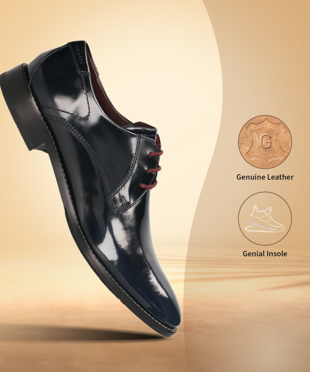 Dark blue leather derby shoes by bugatti with burgundy laces on a wooden surface.