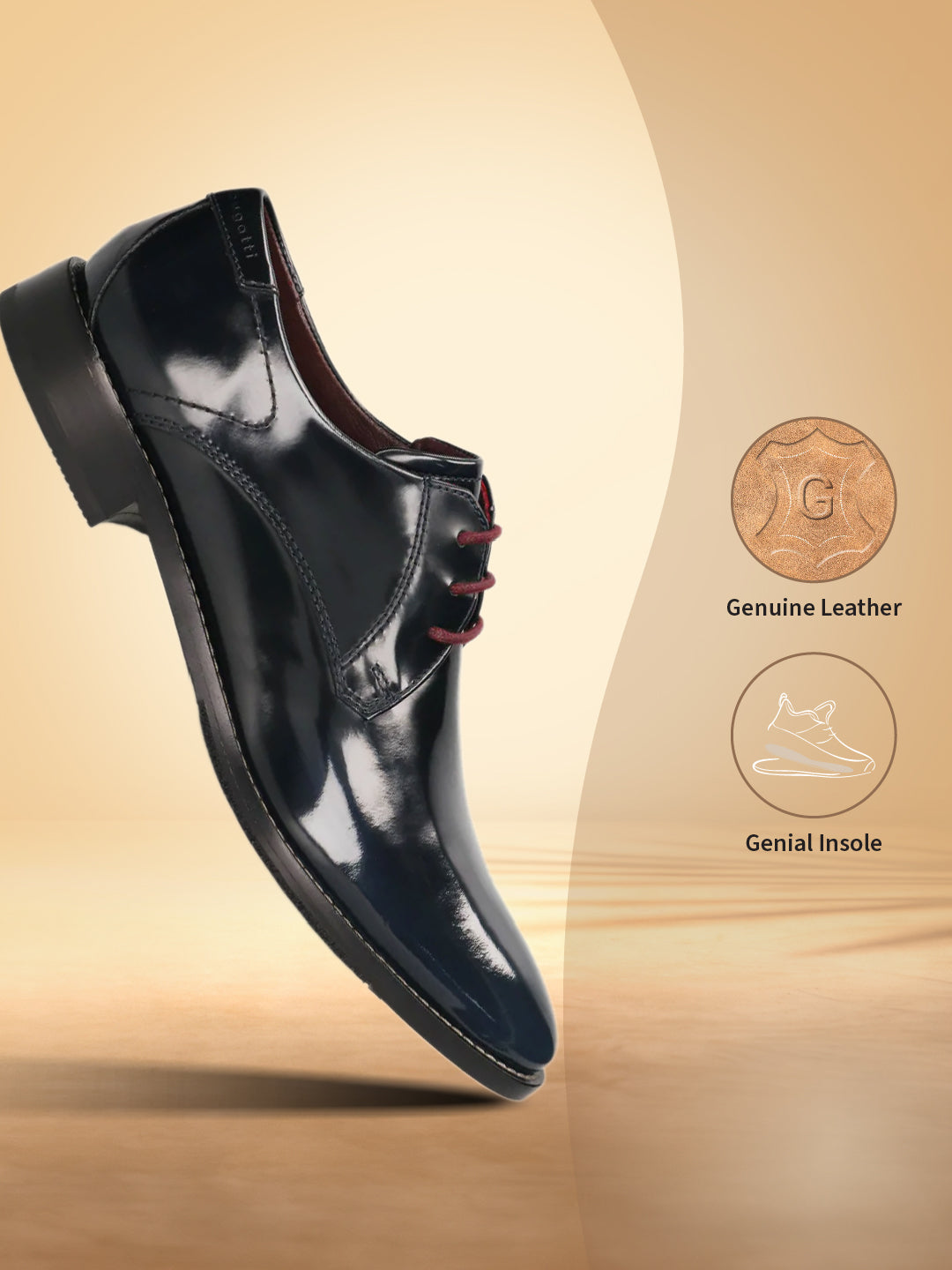 Dark blue leather derby shoes by bugatti with burgundy laces on a wooden surface.