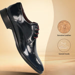 Dark blue leather derby shoes by bugatti with burgundy laces on a wooden surface.